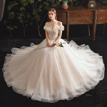 Важното сватбена рокля 2020 Нова Булка Мори Супер Фея Fantasy Хепбърн Звездното небе С открити рамене Луксозна сватбена рокля с пищна опашка
