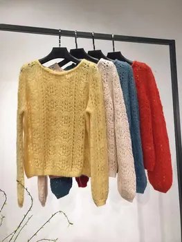 Върхова продуктова версия на 2019 г., Нов вязаный пуловер-пуловер от мохера и вълна с дупка отзад