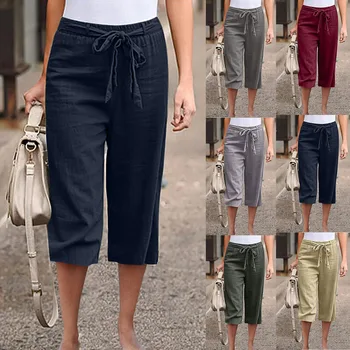 Дамски спортни панталони с висока талия, еластични панталони с завязками, удобни и модерни дълги панталони с прав штанинами и джобове