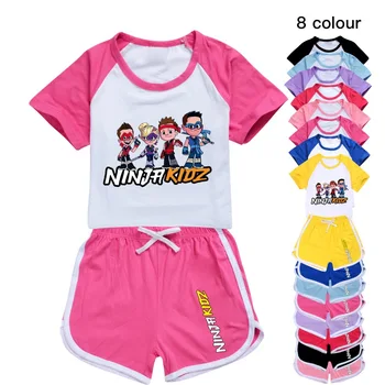 Комплекти дрехи Kawaii NINJA KIDZ, детски летни тениски с къси ръкави, къси Панталони, костюми от 2 теми, всекидневни спортен костюм за момиченца