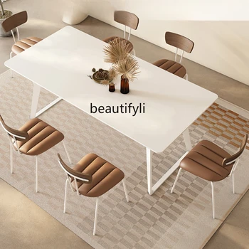 Маси и столове от каменна плоча, комплект за Скандинавски правоъгълна Малък апартамент, Италиански маса за хранене в стил кремовом