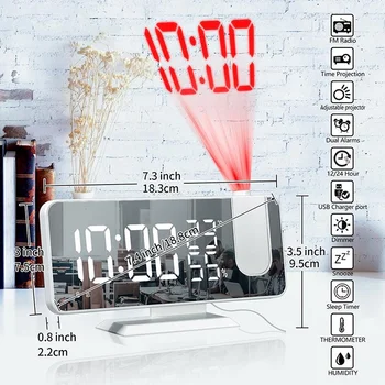 Прожекционен цифров часовник с аларма за спални, радио-будилник, на тавана, USB-порт за зарядно устройство, дисплей за температура и влажност на въздуха