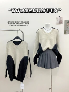 Реколта пуловери с V-образно деколте дамски пуловери в корейски стил, смесица Контрастни цветове, Вязаный пуловер оверсайз, всекидневни уютен жилетка, Нова тенденция